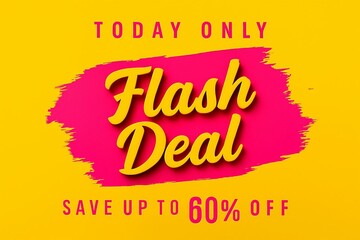 Vibrant yellow background with bold pink brush stroke announcing a limited time flash sale with a significant discount offer