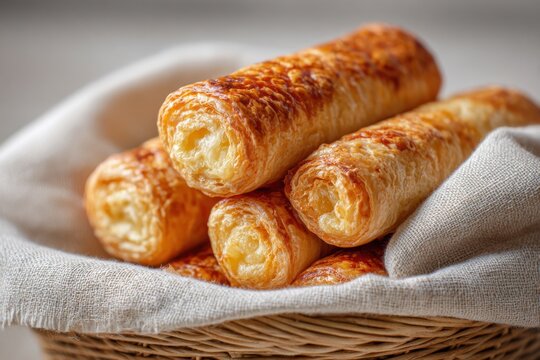 Cheese-filled puff pastry rolls arranged in a woven basket, showcasing golden-brown texture and flaky layers, perfect for culinary presentations and appetizing displays