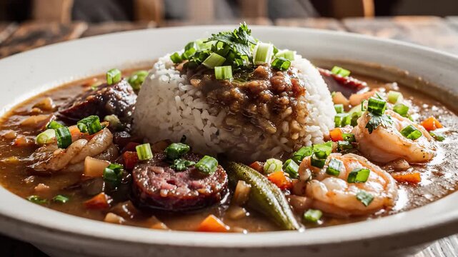 Close Up of Gumbo With Shrimp, Sausage, Rice, and Okra Topped With Scallions
