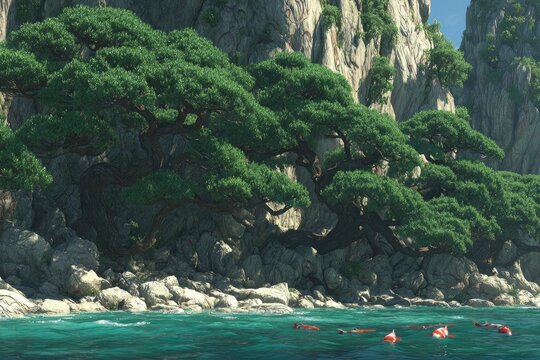 Lush green trees cling to rocky cliffs overlooking a turquoise sea