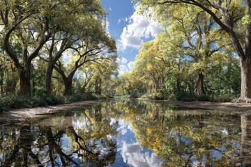 Golden trees reflect in tranquil water