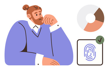 Man in reflective pose beside pie chart and fingerprint with checkmark. Ideal for security, analytics, decision-making, strategy, innovation, identity verification, technology. Simple flat metaphor