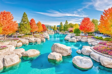 Autumnal park with turquoise water and colorful trees