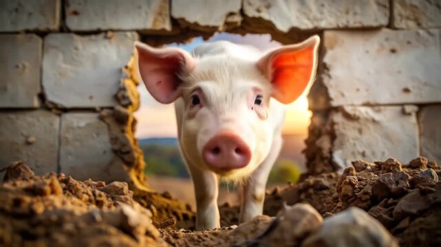 Pig peeking through a wall opening