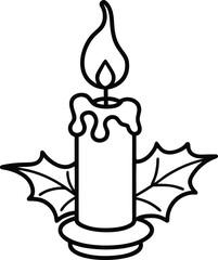 Christmas candle line art with holly leaves single 1