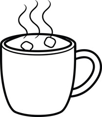 Black line art of a steaming mug with marshmallows