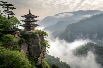 Obraz premium Ancient Chinese Pagoda Perched on a Cliff Amidst Misty Mountains and Lush Greenery