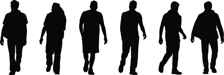 Silhouette illustration of multiple men walking forward in casual outfits, isolated on white background, vector people design for creative projects.