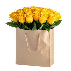 Beautiful Bouquet of Fresh Yellow Roses in a Brown Paper Shopping Bag on a Transparent Background