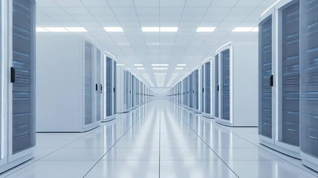 A perspective view inside a server room, with rows of white server racks and bright overhead lighting