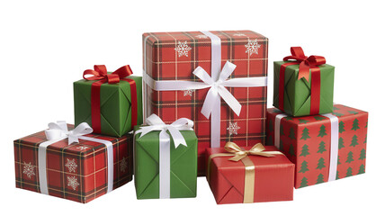 A festive collection of beautifully wrapped christmas presents in red and green plaid patterns with white and red ribbons isolated on transparent background