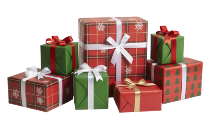A festive collection of beautifully wrapped christmas presents in red and green plaid patterns with white and red ribbons isolated on transparent background