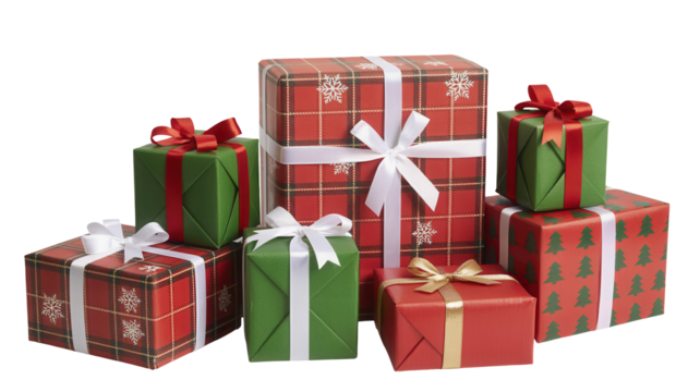 A festive collection of beautifully wrapped christmas presents in red and green plaid patterns with white and red ribbons isolated on transparent background
