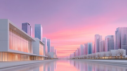 Obraz premium Modern Urban Architecture Reflecting Pastel Pink and Orange Sunset Sky With Tall Glass Buildings and Sleek White Structures on Waterfront Promenade