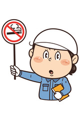 【禁煙】工場や現場で働く女性作業員が禁止標識を持つイラスト｜不安全行動・不安全状態・労働災害