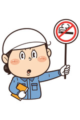 【禁煙】工場や現場で働く女性作業員が禁止標識を持つイラスト｜不安全行動・不安全状態・労働災害