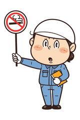 【禁煙】工場や現場で働く女性作業員が禁止標識を持つイラスト｜不安全行動・不安全状態・労働災害
