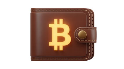 A glowing golden bitcoin symbol prominently displayed on the cover of a brown leather wallet isolated on transparent background