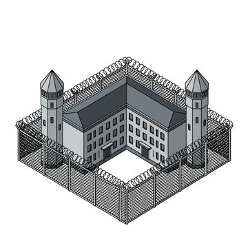 A detailed isometric illustration of a secure correctional facility with watchtowers and barbed wire fencing, representing law and order