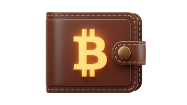 A glowing golden bitcoin symbol prominently displayed on the cover of a brown leather wallet isolated on transparent background
