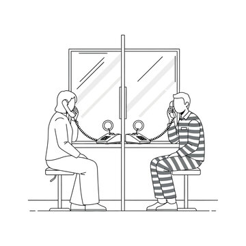 A poignant line drawing of a prison visit, with an inmate in a striped uniform talking to a visitor through a glass partition