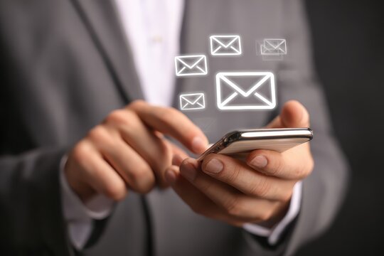 Businessman interacts with smartphone to manage email notifications while dressed in formal attire, showcasing modern communication in a corporate setting