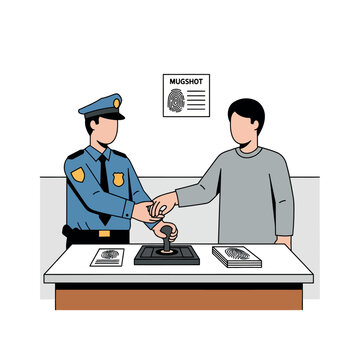 Police officer taking the fingerprints of a detained man for a criminal record at the station