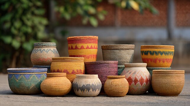 Artisan baskets display local market photography outdoor setting wide angle cultural craftsmanship