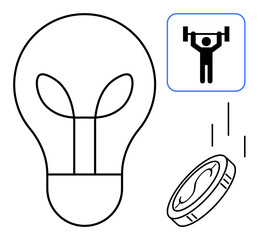 Lightbulb for creative ideas, coin for financial investment, and weightlifting symbol for physical strength. Ideal for innovation, wellness, economy, success, growth, productivity and balance