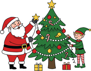  Santa Claus decorating Christmas tree with elf, festive holiday scene, gifts under tree, colorful ornaments, winter celebration, cheerful vector illustration