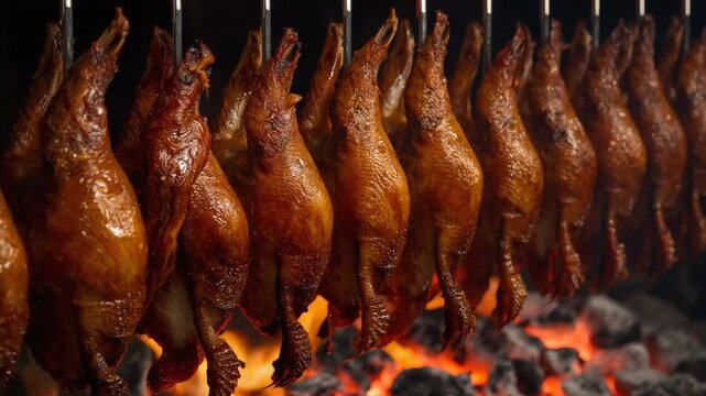 Row of roasted whole ducks hanging in a kitchen with glowing embers below poultry
