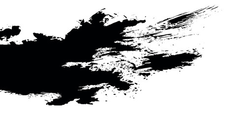 A close-up of a vector style black ink brush stroke dusty and grainy overlay and grunge paint splashed on a white background.	