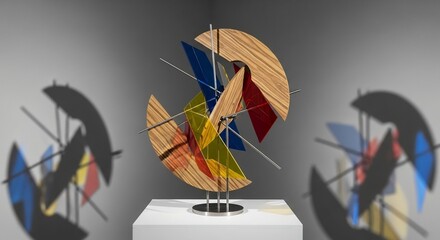 A modern art sculpture with wooden curves colored planes and metal rods displayed on a white pedestal against a gray backdrop