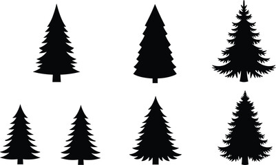 Set of black pine tree silhouettes isolated on white background, evergreen forest icons, nature vector illustration, conifer Christmas tree shapes