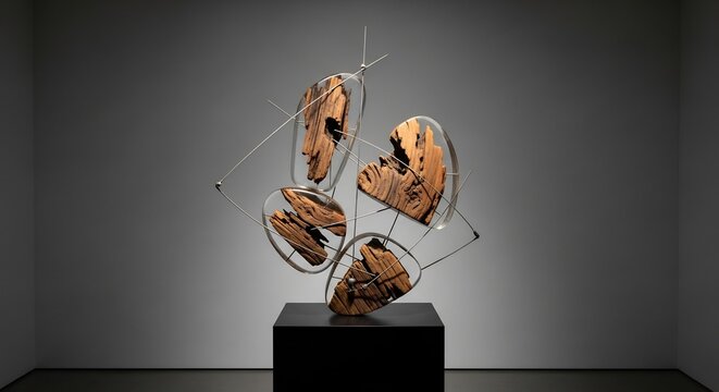A modern sculpture features wood encased in clear resin held by a steel frame on a black pedestal against a gray background