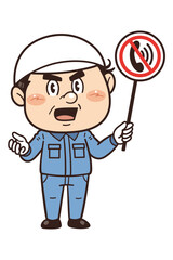 【通話禁止】工場や現場で働く男性作業員が禁止標識を持つイラスト｜不安全行動・不安全状態・労働災害
