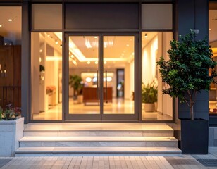 storefront entrance highlighting a gently stairs access with blurred background