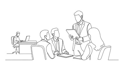 Manager Reviewing Documents Line Art — Standing Manager with Folder Talking to Seated Employees, Minimal Office Vector Illustration