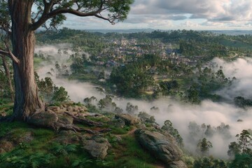 Misty valley town seen from a high vantage point, with large tree