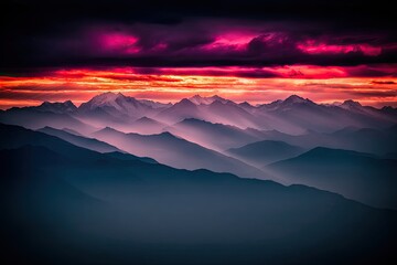 Majestic mountain range at sunrise. Vivid colors of dawn paint the peaks
