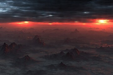 Alien landscape at sunset, dark clouds
