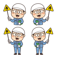 【可燃性物質】工場や現場で働く男性作業員が警告標識を持つイラスト｜不安全行動・不安全状態・労働災害