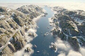 High-angle view of snowy mountains, winding roads, and a fjord with mist