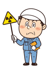 【放射線注意】工場や現場で働く男性作業員が警告標識を持つイラスト｜不安全行動・不安全状態・労働災害