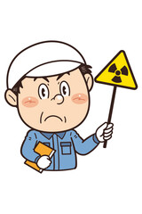 【放射線注意】工場や現場で働く男性作業員が警告標識を持つイラスト｜不安全行動・不安全状態・労働災害