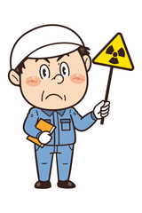 【放射線注意】工場や現場で働く男性作業員が警告標識を持つイラスト｜不安全行動・不安全状態・労働災害