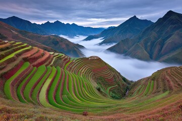 Terraced rice paddies, misty mountain valley