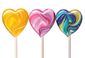Three colorful heart-shaped lollipops on sticks against a white background (1)
