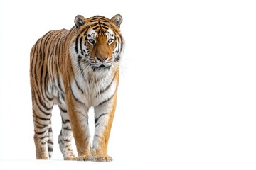 Tiger strides against a white background