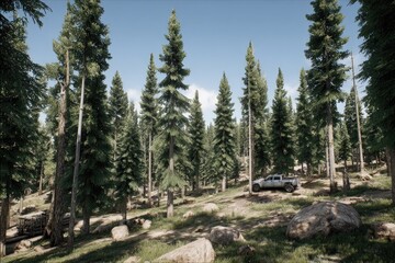 Off-road vehicle in a sunlit pine forest